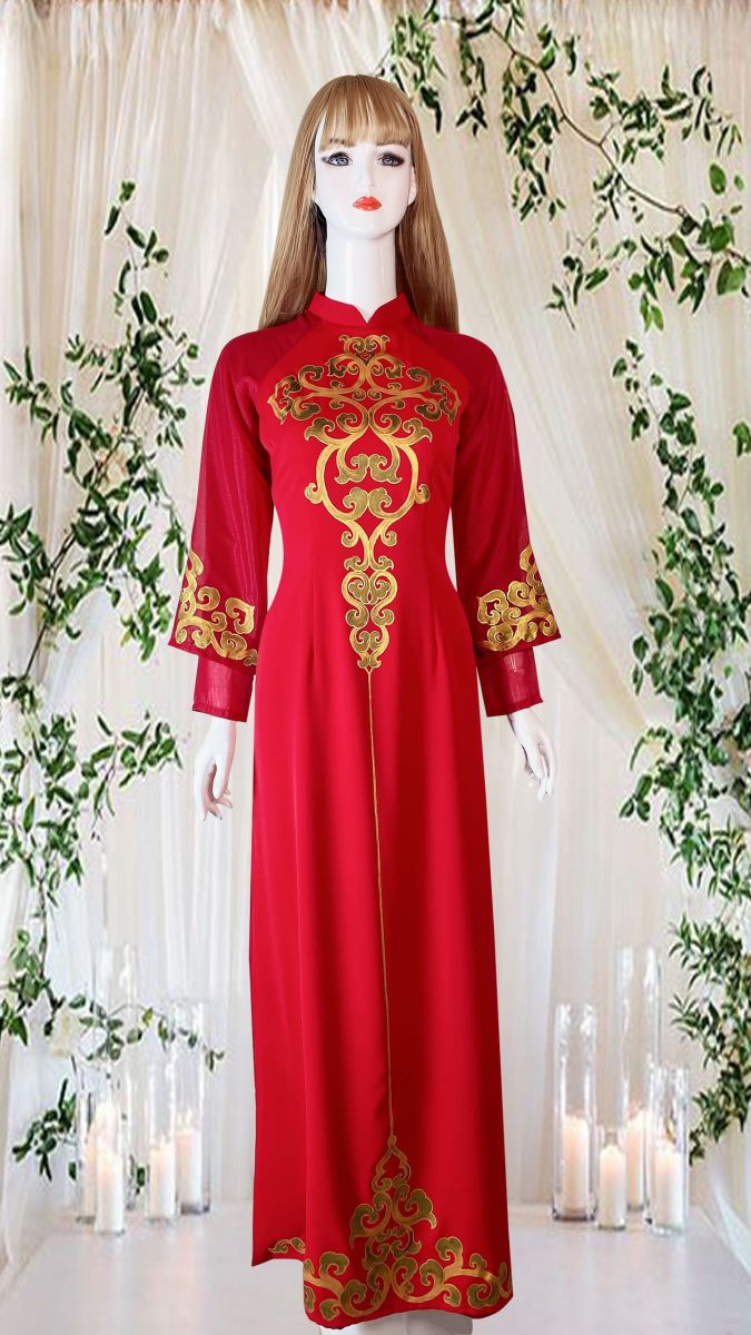 áo dài cưới màu đỏ voan tơ 